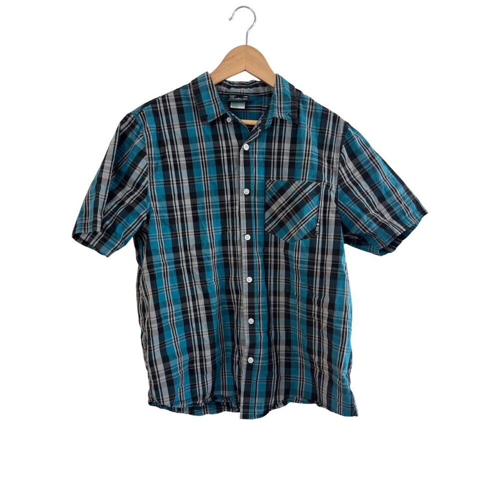 LRG Mens Plaid Short Sleeve Button-Up Shirt Medium Teal/Black Cotton
